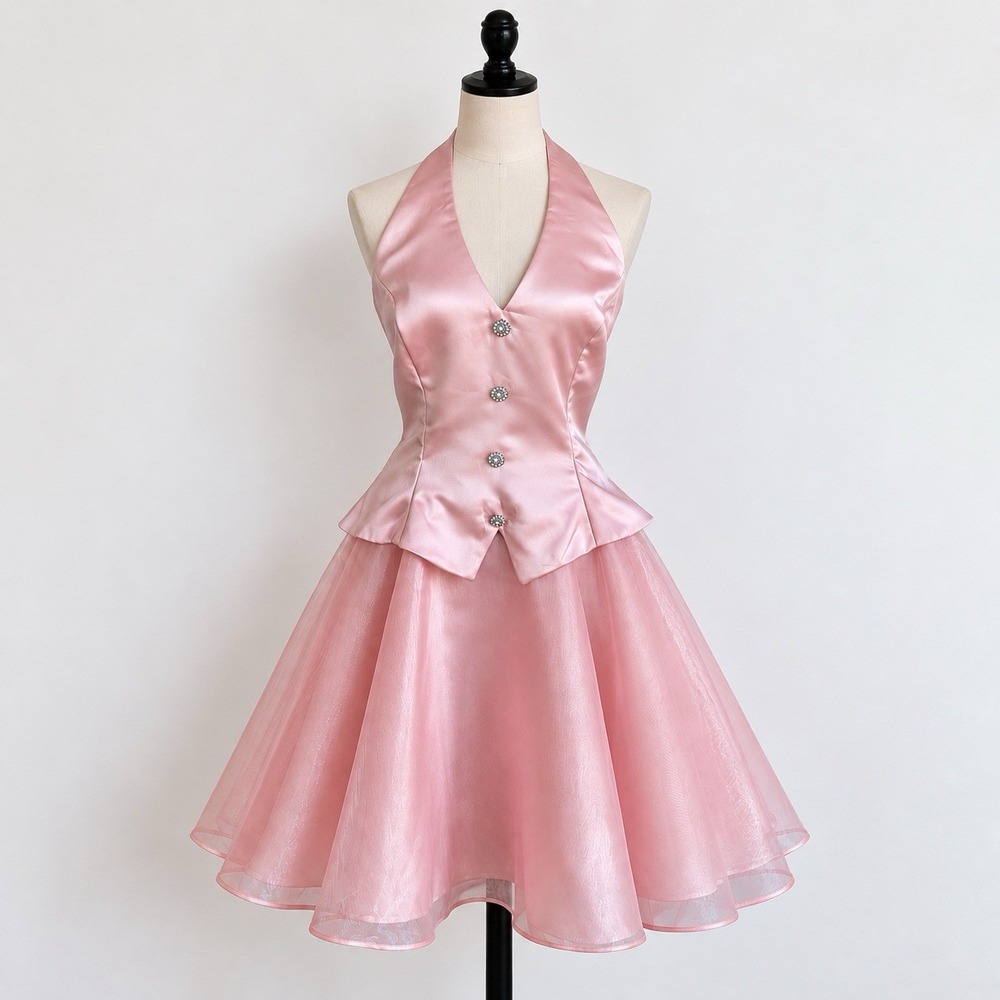Pink Satin Halter Cocktail Mini Dress L Fit & Flare Retro Pinup Princesscore